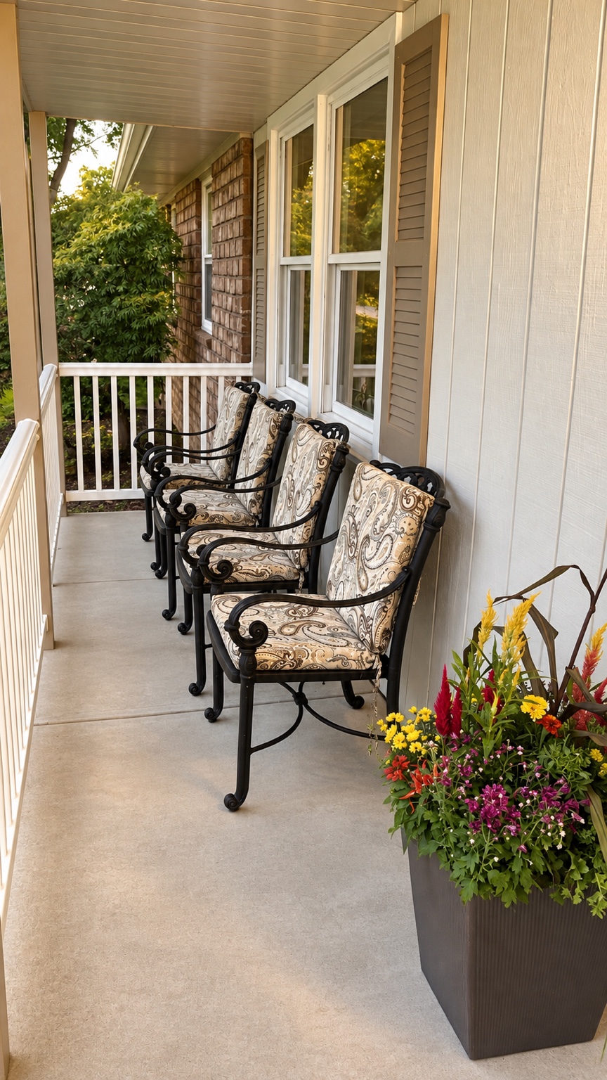 Covered front porch with comfortable seating and colorful flowers